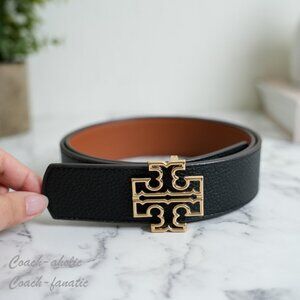 Tory Burch Britten Logo Reversible Black Tan Leather 1.5" Width Belt 141742